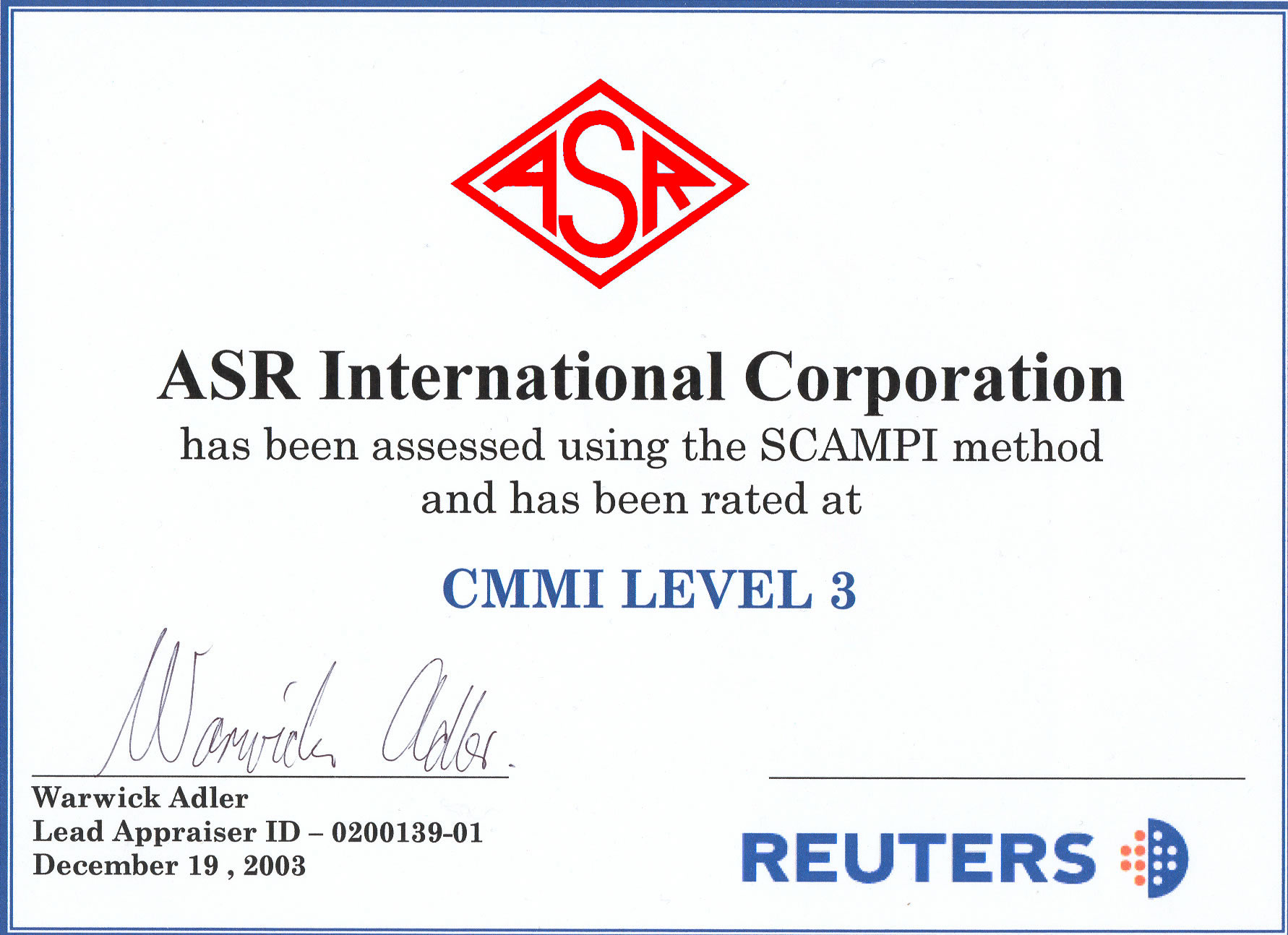 ASR's SEI CMMI Level 3 Certificate