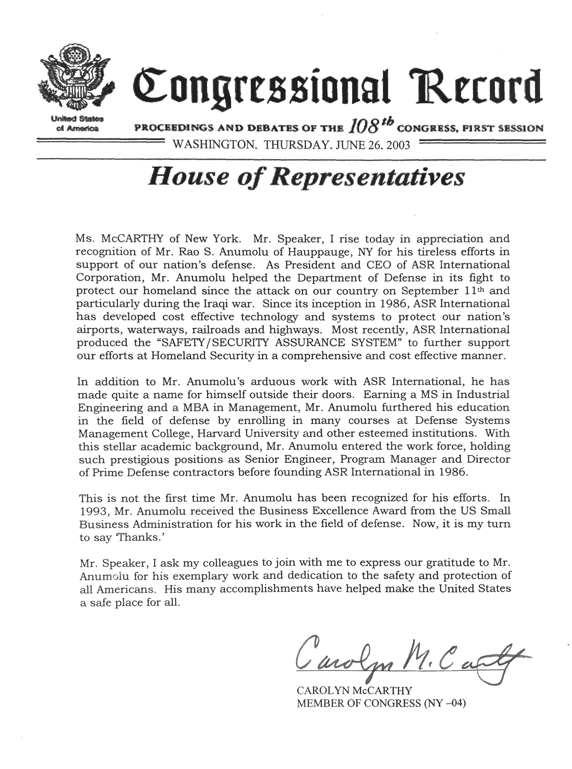 ASR Congressional Citation