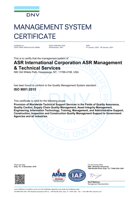 ASR's ISO 9001:2015 Certification
