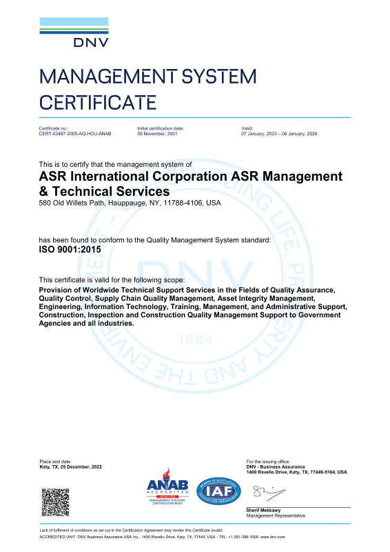 ASR's ISO 9001:2015 Certification